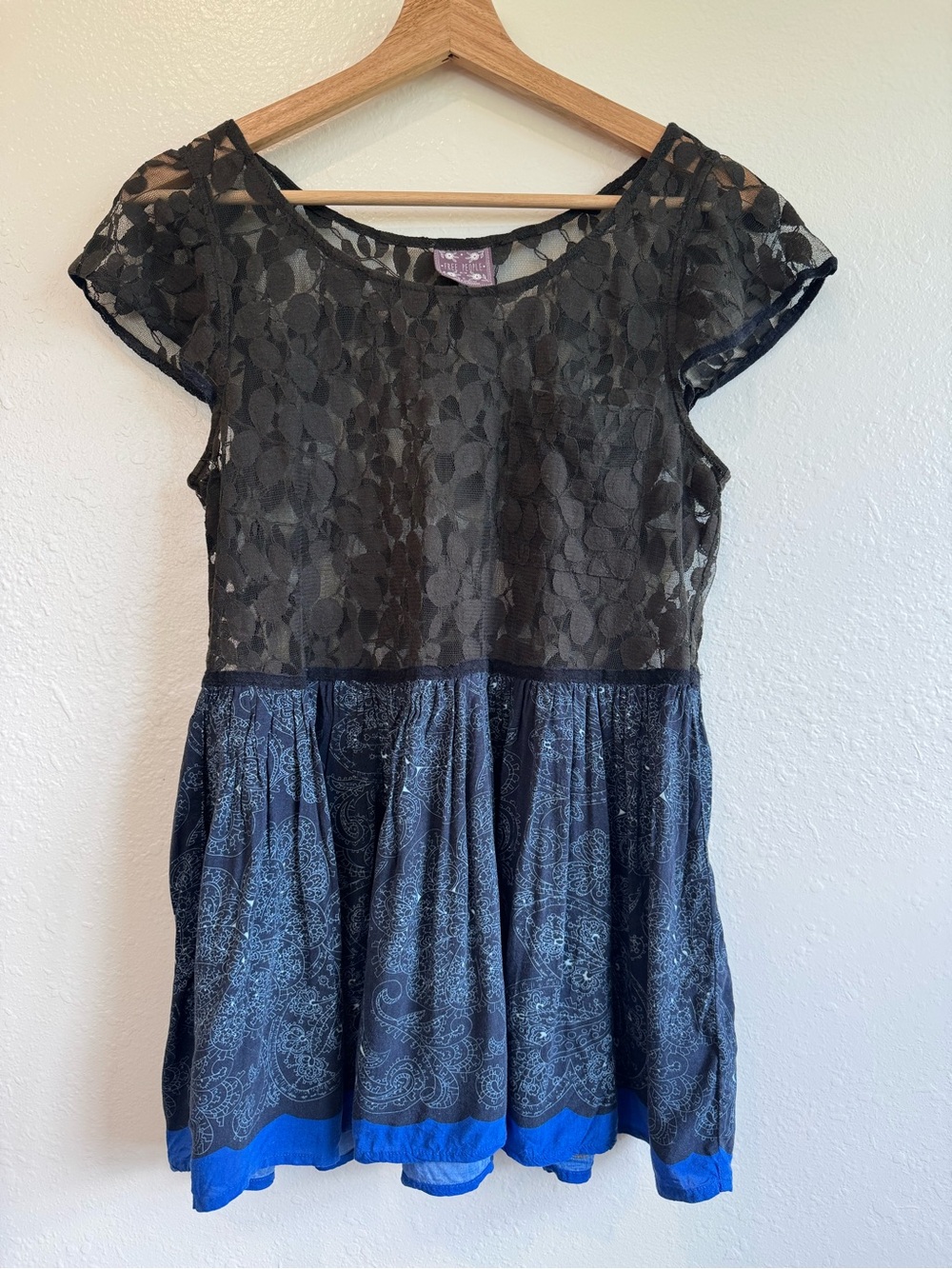 Free People Black Lace Top with Navy Paisley Skirted Hem